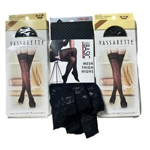 Mixed Brands Pantyhose Womens M Black Lace Top Thigh High Stockings Lot 3